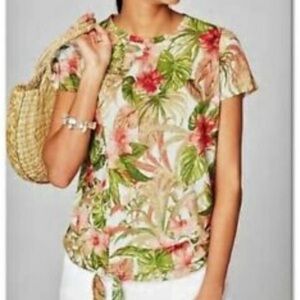 J.JILL LOVE LINEN TROPICAL FLORAL PRINT TIE FRONT BOXY TOP SIZE MEDIUM